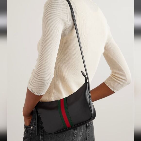 Gucci Designer Lunetta leather Purse Trimmed Jacquard Shoulder Bag Green Red - Picture 8 of 13